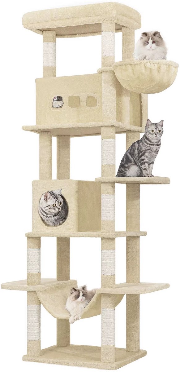Multi level Cat Tower - Krabpaal Katten 210 cm – Grote Kattenboom met 8 Krabpalen – Multi-level Kattentoren met Slaapplaatsen en Pompons – Voor Binnenkatten