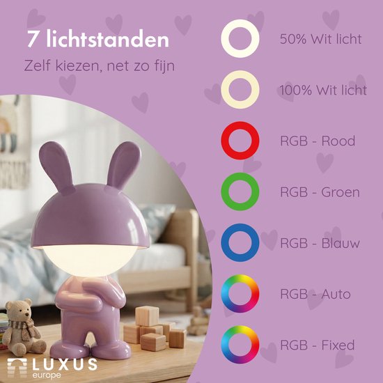 Luxus Nachtlamp Kinderkamer Mouse - Paars - Nachtlampje baby - Voor kinderen - Slaapkamer - 7 kleuren licht - RGB - Bluetooth speaker - Draadloos - Oplaadbaar van Merkloos — afbeelding 3