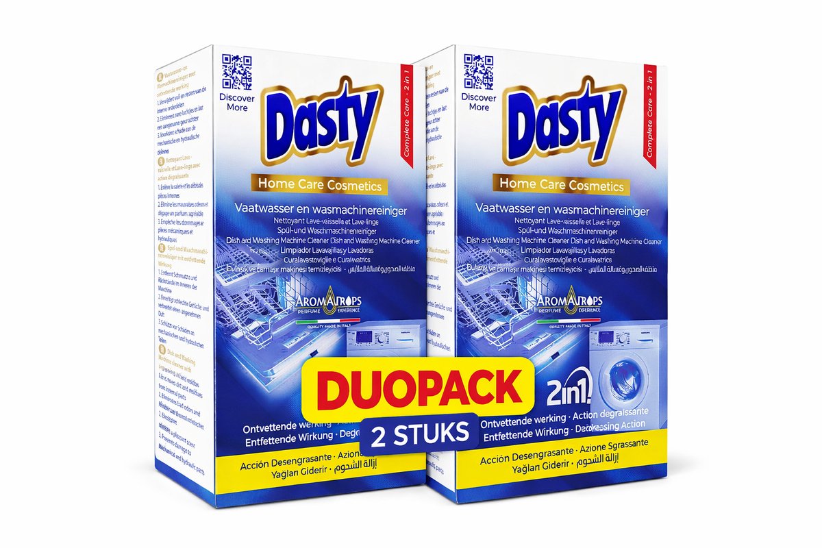 Dasty Vaatwasser- en Wasmachinereiniger 2-in-1 – Dieptereiniging & Ontvetter – Verwijdert Vet, Vuil & Geur – Duopack 2 Stuks