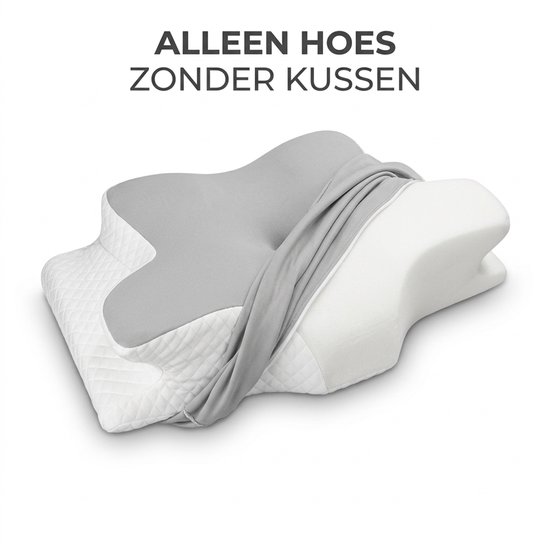 Witte ergonomische kussen met grijze hoes, textuur diamantpatroon.