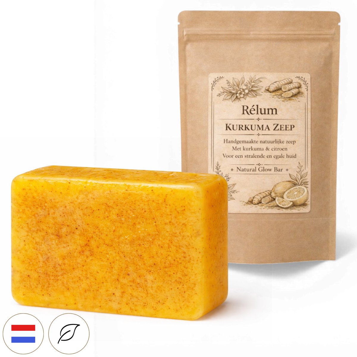 Rélum Turmeric & Kojic Acid Soap - Collageen Booster Bar - Kurkuma zeep - Dark spot remover / Pigmentvlekken verwijderen - Anti Acne- Anti Littekens - Anti Rimpel & Celvernieuwing - Alternatief Kojic Acid zeep - 100g