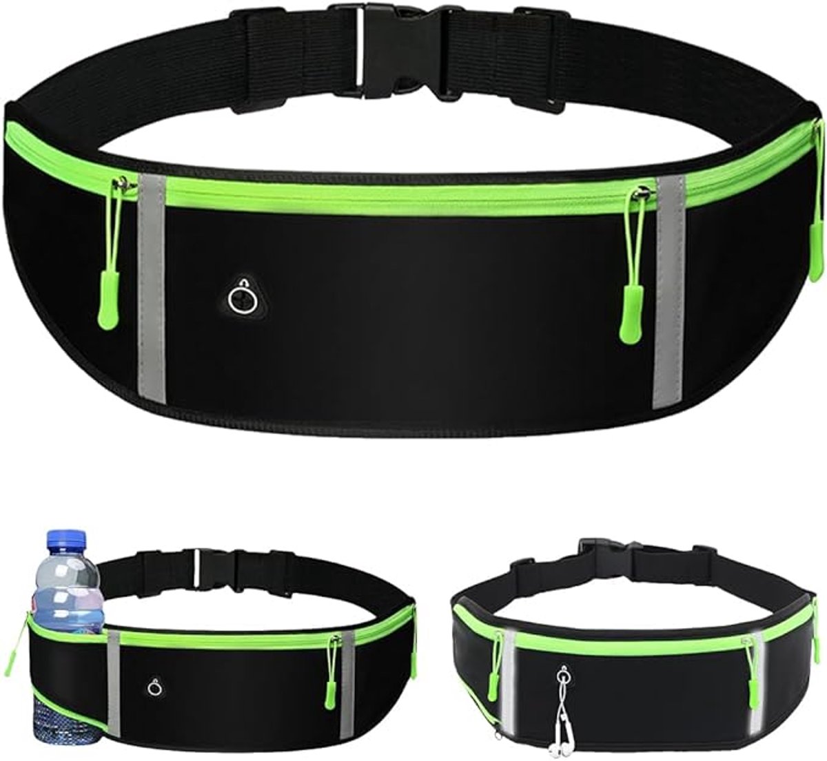 Running belt - flipbelt - hardloopriem telefoon - Hardloop riem - Ruime Opbergvakken voor Smartphone, Drinkfles of Powerbank - Reflectie Strip - 85 tot 135 cm - Zwart greon - van Imperatoris