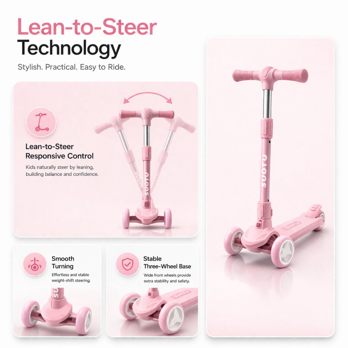 Suotu Kinderstep - Step - 3 Lichtgevende Wielen - EXTRA BREEDE WIELEN - Step 3+ Jaar tot 50kg - Speelgoed Jongens/Meisjes - Roze — afbeelding 7