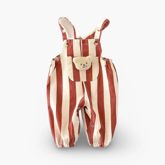 Baby tuinbroek met rode en witte strepen, met een teddybeer-applicatie op de borstzak.