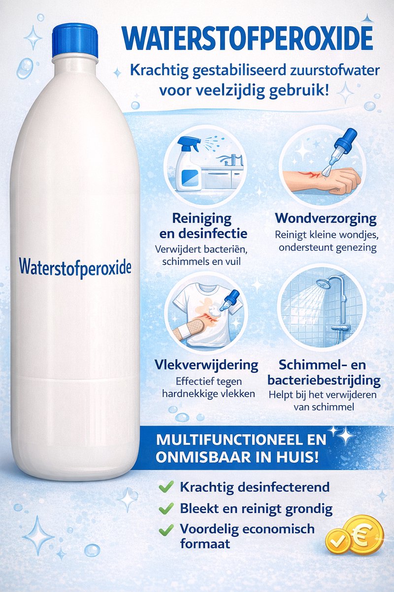 1 LITER WATERSTOFPEROXIDE (gestabiliseerd zuurstofwater)  Werkt desinfecterend, antibacterieel en ontkalker  Perfect voor wondverzorging, schoonmaken van oppervlakken, verwijderen van vlekken en desinfecteren van fruit  Veilig en duurzaam!