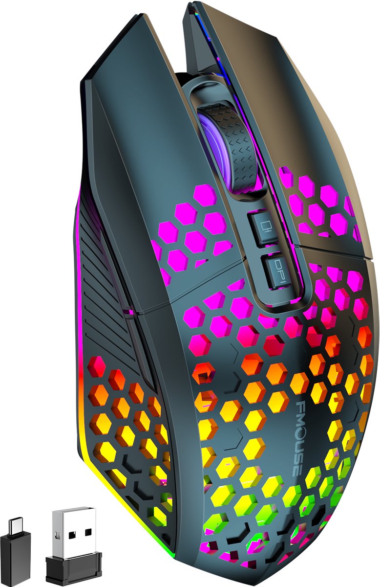 17Parts Draadloze Gaming Muis – RGB Verlichting – 2.4GHz – 800-3600 DPI – Ergonomisch – Stil Klik – Oplaadbaar – Zwart