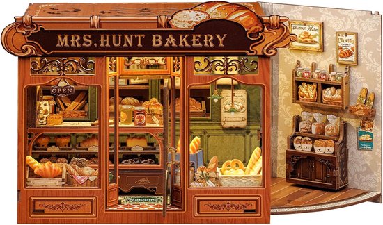CuteBee CWGB401 Mrs. Hunt Bakery decoratie Book Nook Bouwpakket | Miniatuur theatrale huisjes pakket modelbouw voor volwassenen | Houten 3D Puzzel | Woonkamer decoratie boekensteun | Led lights verlichting ingebouwd | DIY boekenhouder collectie