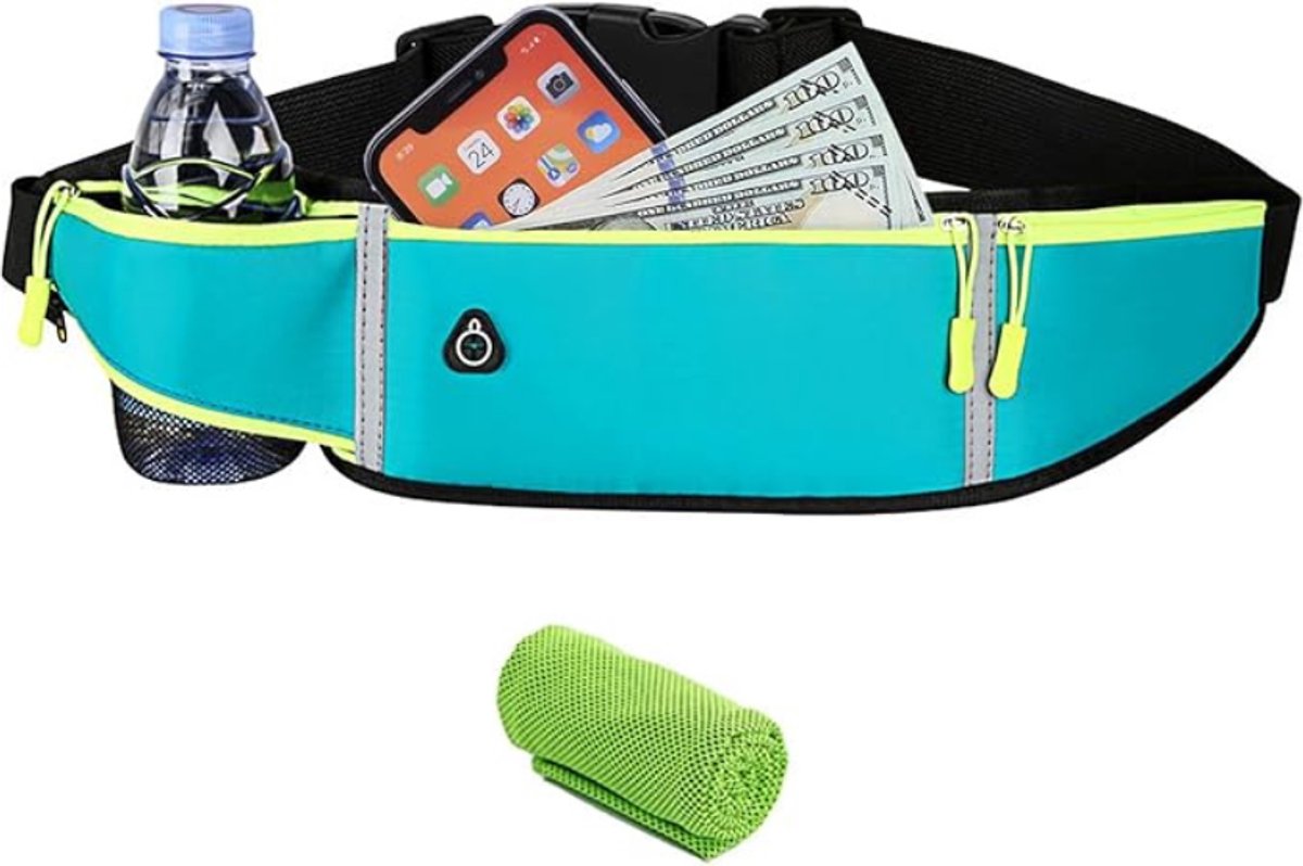 Running belt - flipbelt - hardloopriem telefoon - Hardloop riem - Ruime Opbergvakken voor Smartphone, Drinkfles of Powerbank - Reflectie Strip - 28 tot 40 inch - bluaw - van Imperatoris