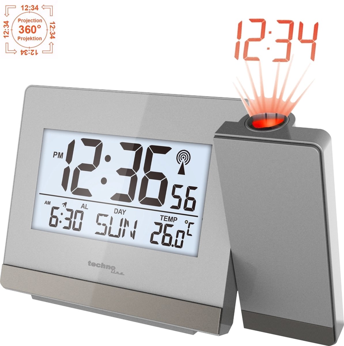 PROJECTIE KLOK / WEKKER met THERMOMETER - zilverkleurig - 538