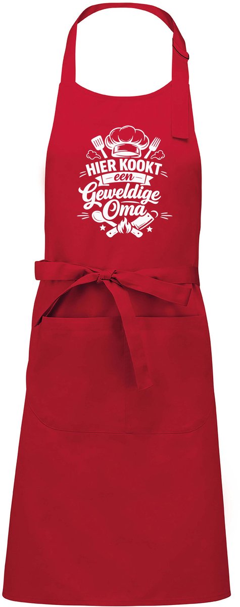 mijncadeautje - luxe schort - hier kookt een geweldige oma - rood - opdruk wit