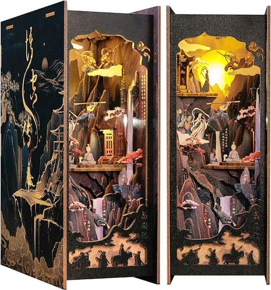 CuteBee MZ01 The Legend of Wukong Book Nook Bouwpakket | Miniatuur mythologie huisjes pakket modelbouw voor volwassenen | Houten 3D Puzzel | Woonkamer decoratie boekensteun | Led lights verlichting ingebouwd | DIY boekenhouder collectie