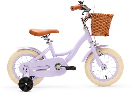 Vélo enfant lilas avec selle marron inscrite 'GENERATION', poignées marron, panier et roulettes.