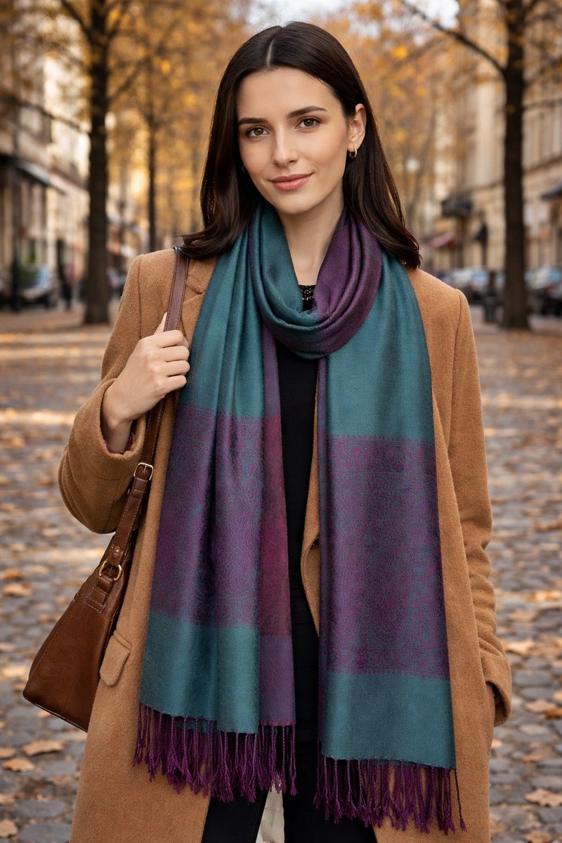 Dames Sjaal – Elegante Paisley Sjaal met Franjes – Warme Herfst Winter Mode Sjaal- Tweezijdige omslagdoek 217/6- Groen/ paars