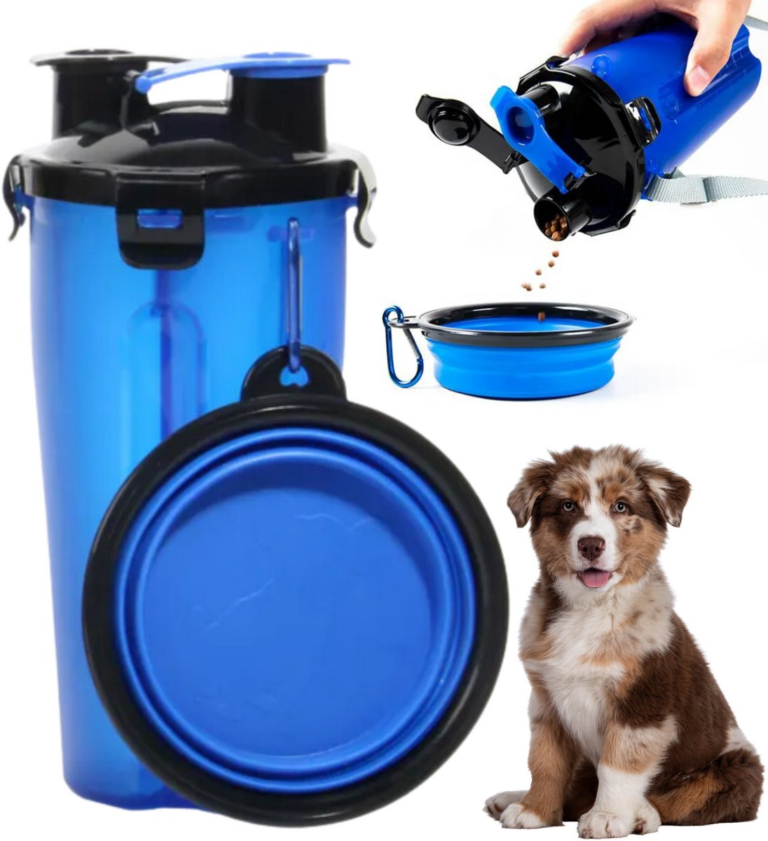 Janse® Voer en waterfles voor honden blauw - Drinkfles voor honden - Dieren bidon voor in je rugzak - Voedselcontainer voor in de auto - Inclusief opvouwbare voerbak - Blauwe drinkbak voor brokjes - Waterbak - Drinkbak