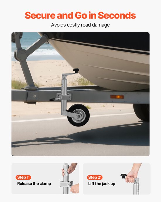 VEVOR Steunwiel, Draagvermogen tot 150 Kg, Neuswiel In Hoogte Verstelbaar van 550–780 mm, Aanhangerwiel, Aanhangersteun met enkel Wiel en Ergonomische Handgreep, Geschikt voor Aanhangers, Caravans en Boten — afbeelding 4