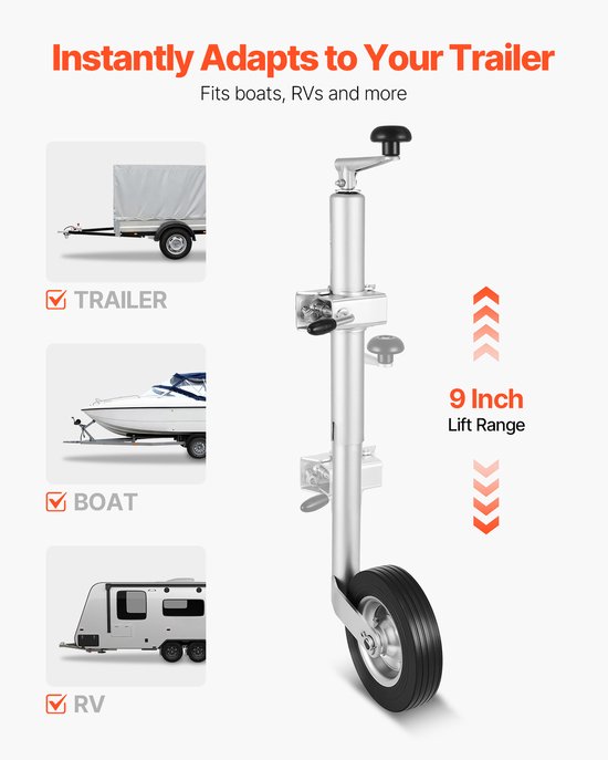 VEVOR Steunwiel, Draagvermogen tot 150 Kg, Neuswiel In Hoogte Verstelbaar van 550–780 mm, Aanhangerwiel, Aanhangersteun met enkel Wiel en Ergonomische Handgreep, Geschikt voor Aanhangers, Caravans en Boten — afbeelding 3