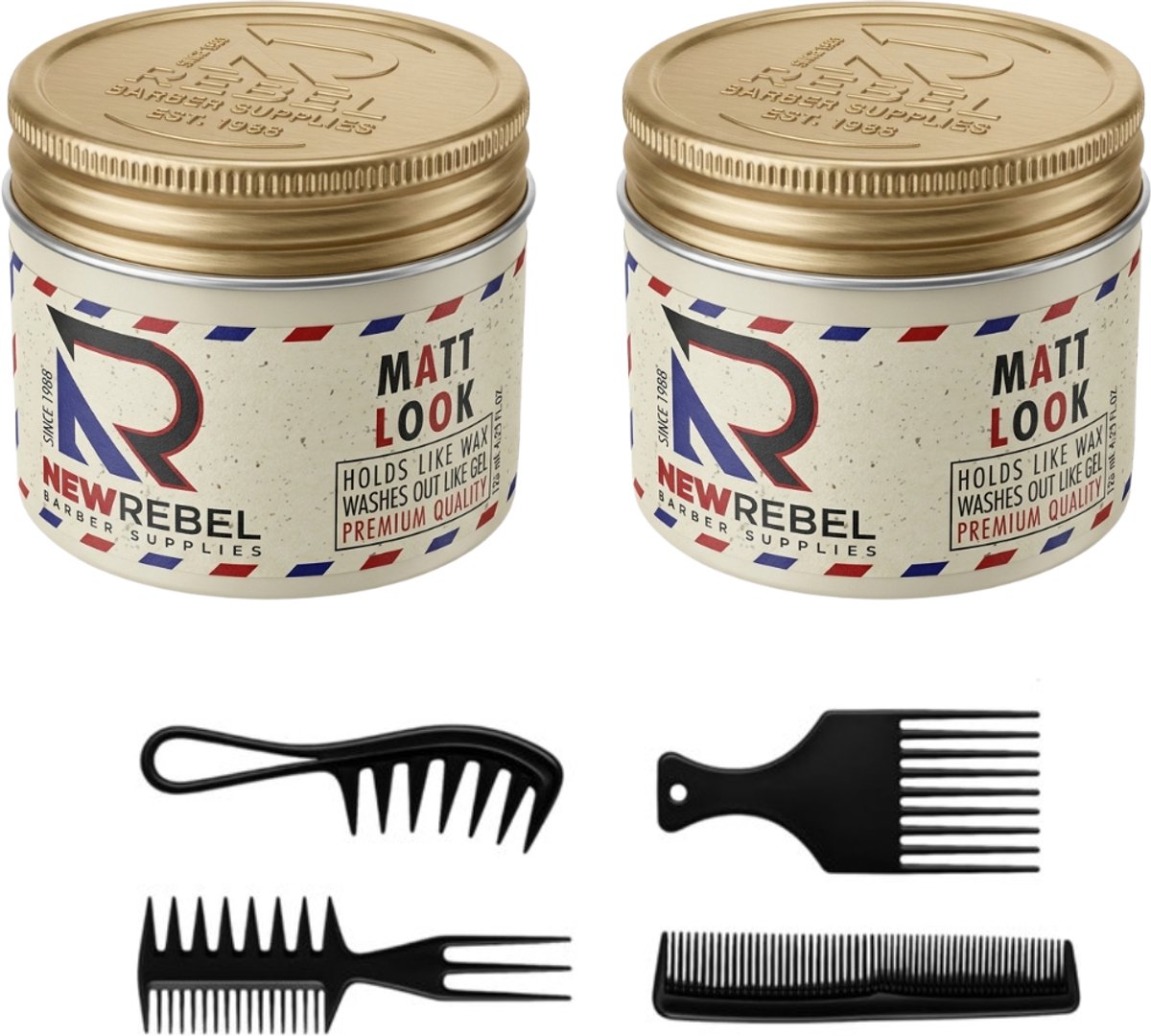 New Rebel MATT LOOK – Haar Wax (2 stuks x 125 ml) + 4-delige Zwarte Kammenset - Styling Haar Wax - Haar Wax Mannen