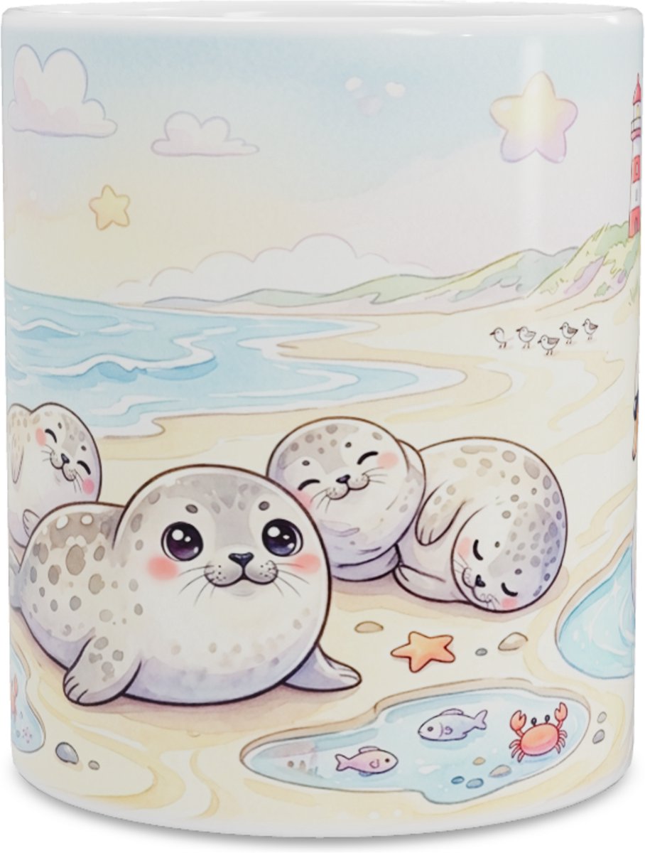 Lieve Kawaii Series Zeehond Koffiemok met Zwaan, Vuurtoren, Krab en Strand in Pastel Landschap - Schattige Dieren Drinkbeker en Theebeker voor Ontspanning op Kantoor Bureau of Thuis - Cadeau voor haar: Dochter, Vrouw, Vriend(in) of Collega