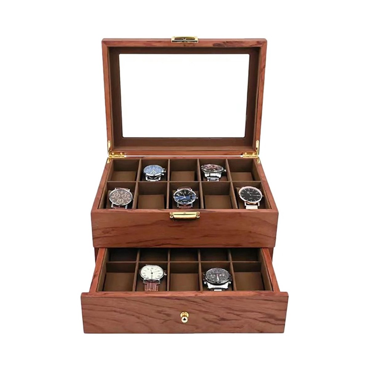 Lifero Horloge Opbergdoos - Horlogebox Heren en Dames - 20 ruime compartimenten - Horlogedoos 2 Niveaus - 29 x 21,5 x 16 cm
