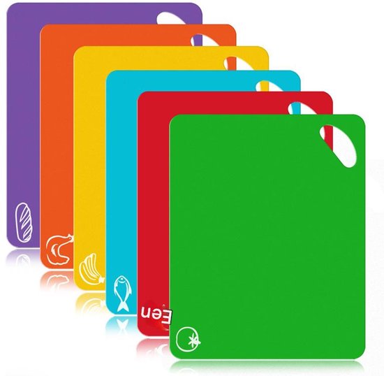 Planche à découper - Cuisine - Plastique extra épais et flexible - Ensemble de 6 - Code couleur pour la sécurité alimentaire - Vert Rouge Bleu Jaune