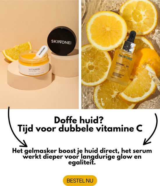 Gouden gelmasker en vitamine C serum, omgeven door sinaasappelschijfjes. "Doffe huid? Tijd voor dubbele vitamine C".