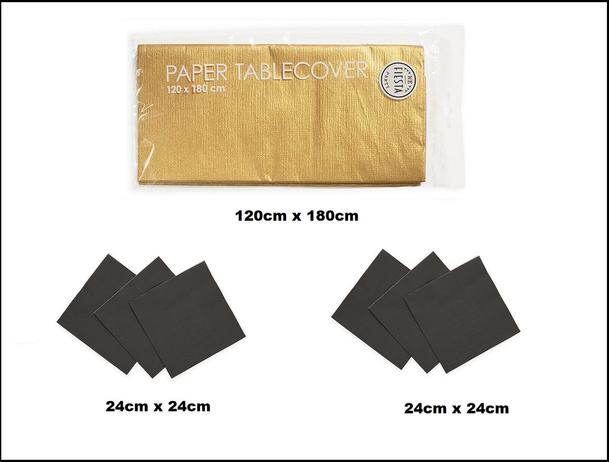 1x Tafelkleed papier goud 120cm x 180cm + 40x Cocktail servetten zwart 24cm x 24cm 3 laags