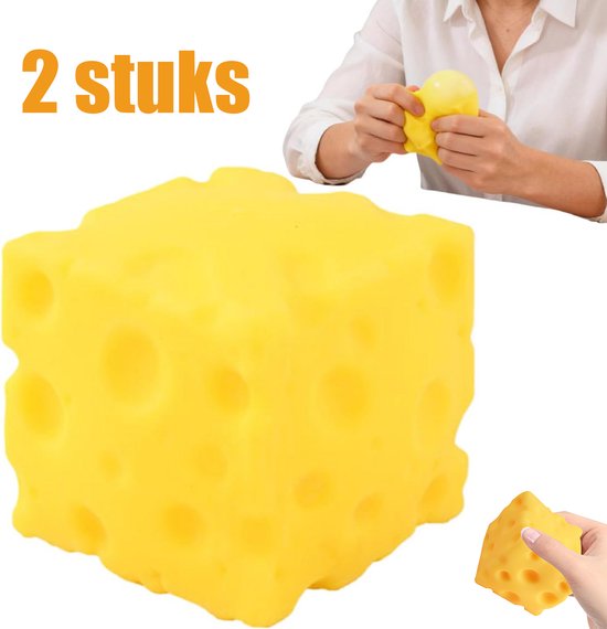 Jouet Squishy forme de fromage - 2 pièces - Fromage à presser Knijpkaas - 5 cm - Jouet anti-stress - Bloc de fromage doux et aéré - Fidget Squishy - forme de fromage réaliste - pour adultes et enfants - jaune