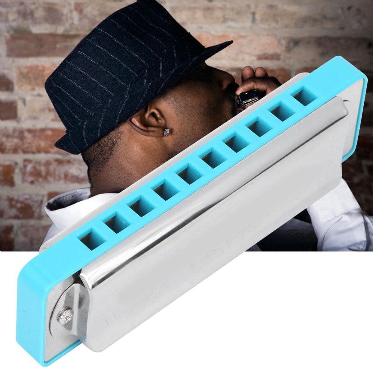Blues Harmonica - 10-gaats Instrument - Muziek Maken - Koperen Basis ABS Kam - 12x5x4 cm - Blauw