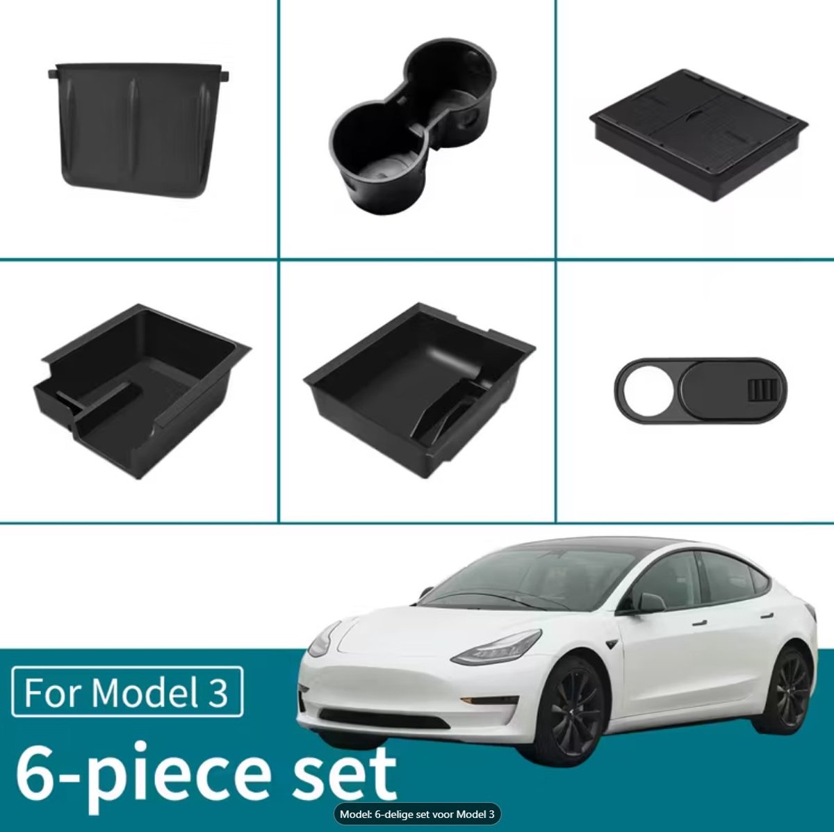 Tesla - middenconsole accessoires - Model 3 - opbergbakjes - bekerhouder - camera lens cover - 6 delig