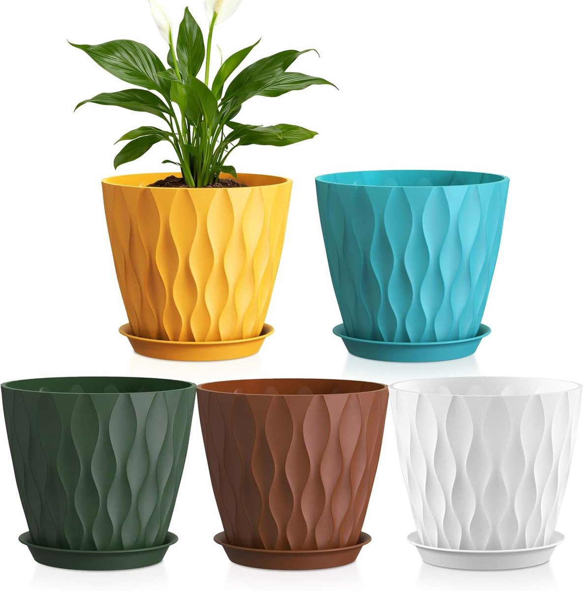 Set van 5 Bloempotten 7 Inch | Plastic Plantenpotten met Afvoergaten en Schotels | Voor Binnen- en Buitenplanten | Kleurrijk