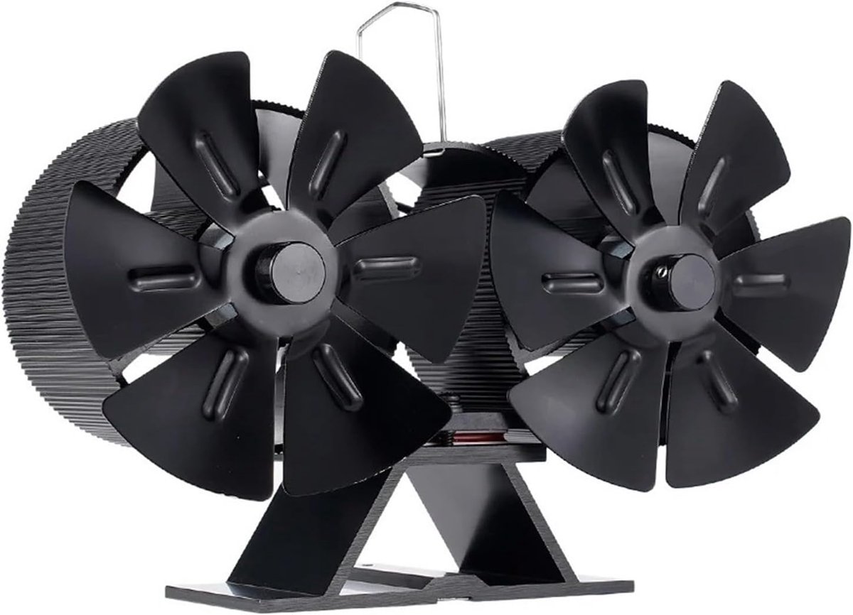 Kachel Ventilator - Houtkachel Fan - Efficiënte Warmte - 12 Bladen Tweekoppig - 500 Gram - Zwart