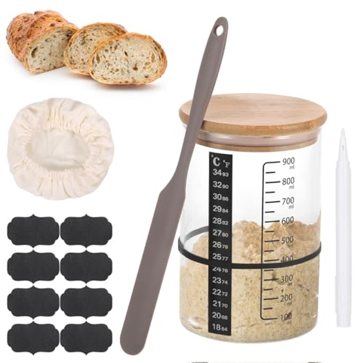 PromoHome Complete Starter Set voor Zuurdesem - Glazen Pot, Spatel, Deksels en Volgband