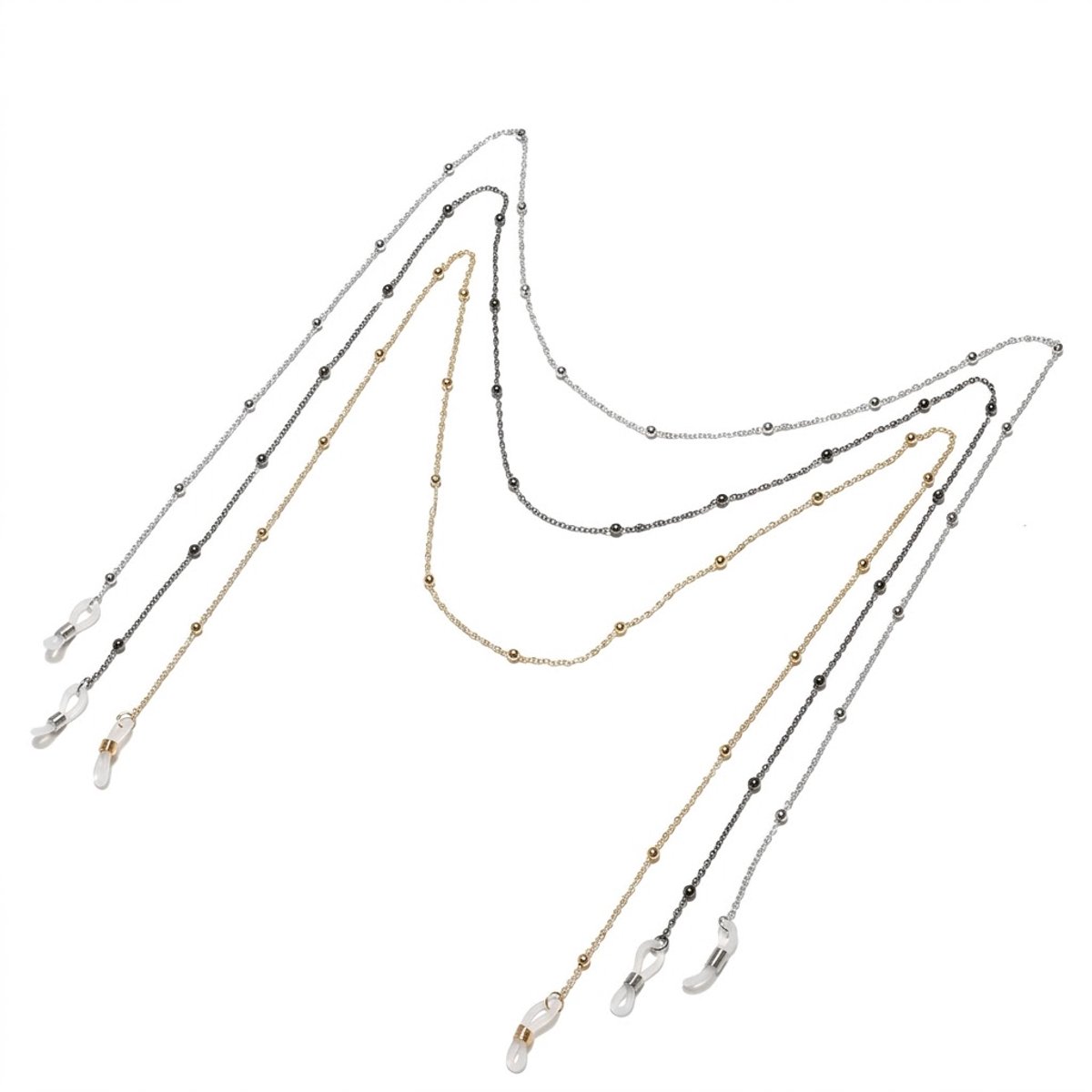Zilverkleurig, goudkleurig en zwart brillenkoord set van 3 stuks – minimalistisch metalen schakel brillenkoord dames en heren – fijne ketting met kralen en antislip uiteinden