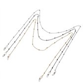 Drie minimalistische brillenkoorden met schakels en kraaltjes in goud, zilver en zwart.