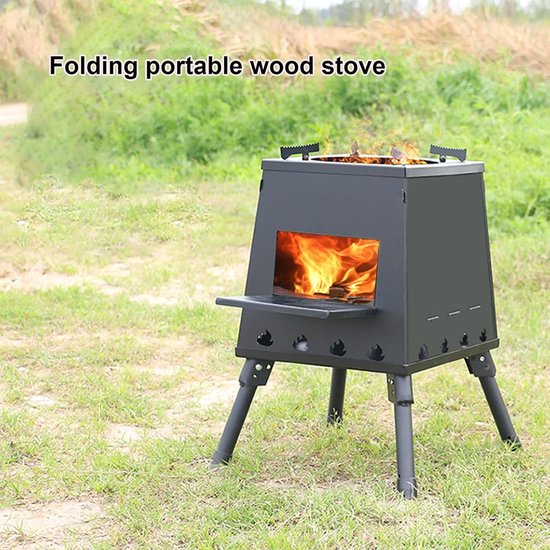 Houtgestookte tentkachel - Campingbarbecue - Draagbare houtkachel - Houtgestookte survivalkachel voor buiten - Opvouwbare winddichte campingkachel - Geschikt voor reizen, kamperen en buiten koken - Roestvrij staal - Zwart — afbeelding 4
