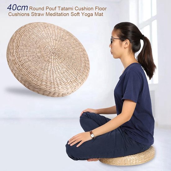 Meditatiekussen Rond - Vloerpoef Zitkussen - Ontspanning en Rust - Handgeweven Natuurstro - 40cm Diameter - Natuurlijk — afbeelding 3