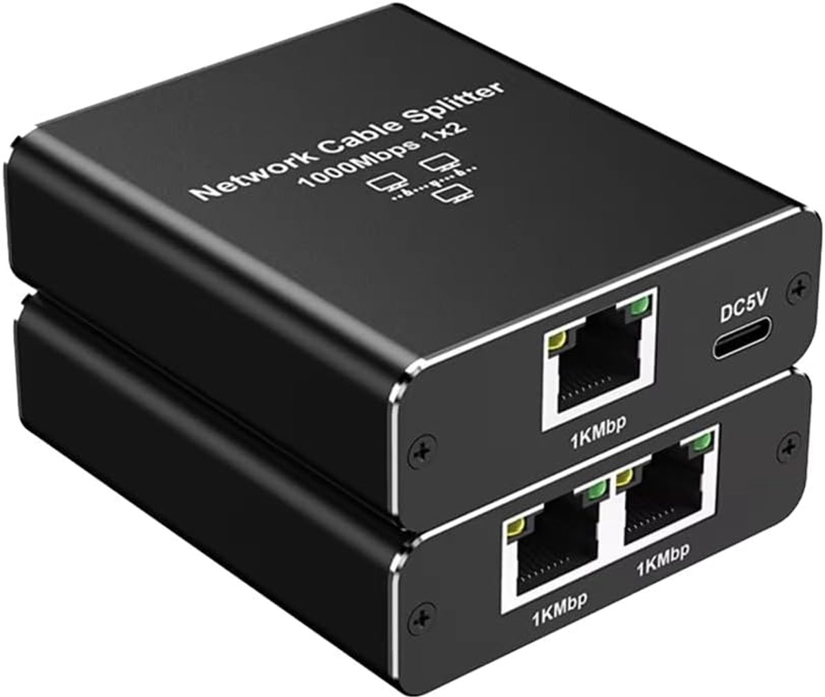 Ethernet Adapter Splitter - LAN Internet Verdeler - Netwerk Uitbreiding - 1 Tot 2 Poorten - Gigabit Snelheid - Zwart