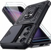 Casemania Boîtier et Glas Adapté pour Samsung Galaxy S26 Plus - Zwart - Anti-Shock Hybrid Armor Back Cover - Housse avec Kickstand Ring et Protection de Caméra + 2x Protecteur d'écran en Glas Trempé