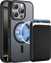Hoesje met Pasjeshouder geschikt voor iPhone 14 Pro Max Hoesje - 2 Pack - Afneembare Magnetische Pasjeshouder - Vegan Leer - Geschikt voor Magsafe iPhone 14 pro max - Sterk Slank en Stootbestendig - Doorzichtig - Mat Zwart