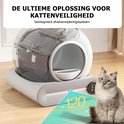 Een grijze en witte kattenbak met een kat ernaast. Een groene pijl toont een hoek van 120 graden, wat duidt op 120 graden ruimte.