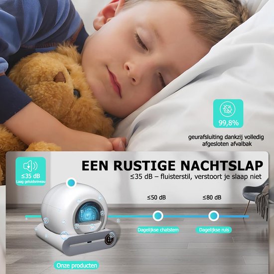 Een kattenbak die minder dan 35 dB produceert, zorgt voor een rustige nachtrust. Een kind slaapt vredig met een knuffel.