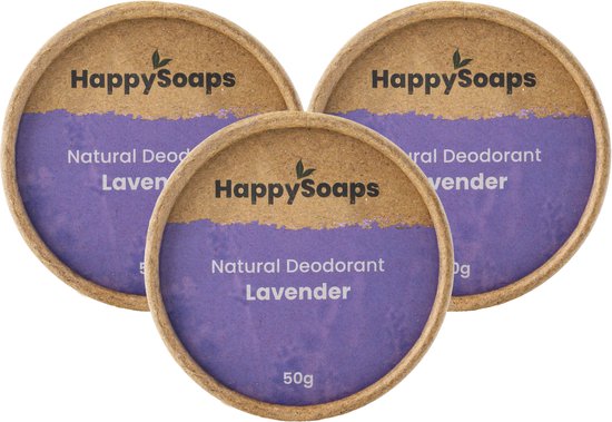 Drie ronde, bruine kartonnen verpakkingen van HappySoaps Natural Deodorant Lavender, 50g.