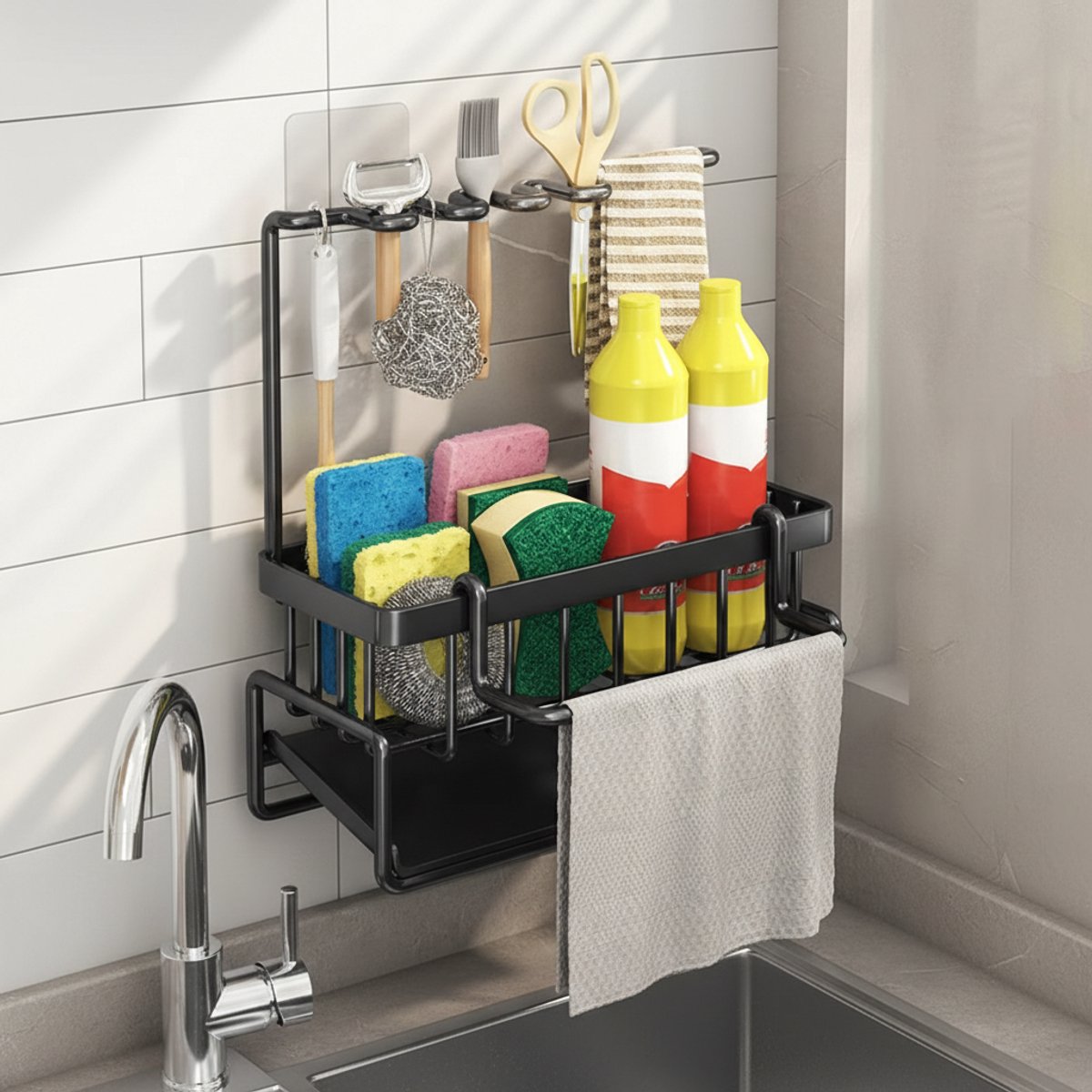 CHIWIN Keuken Organizer Spülbecken 23x9x25cm – Zwart, Afneembare Tropfschotel, RVS Standaard, Reinigingshulpmiddelen Opbergrek, Luchtdicht, Gemakkelijk te Installeren, Zonder Boren