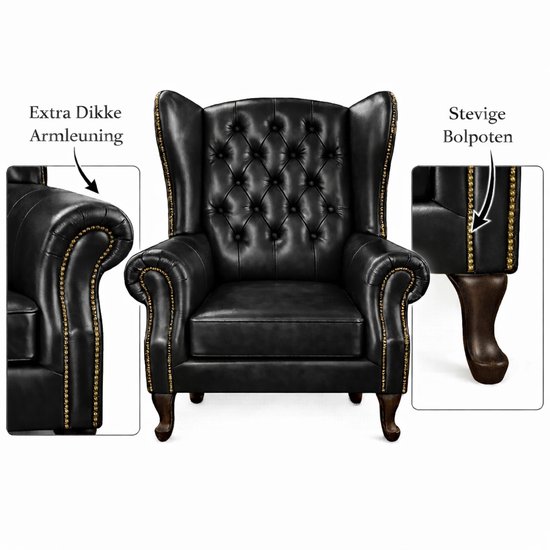 Zwarte leren wingback fauteuil met dikke armleuningen, capitons, goudkleurige klinknagels en bolpoten.