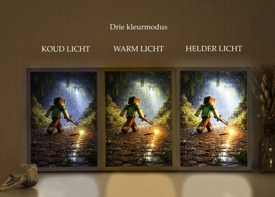 Minecraft Inspired Avonturier – 31×23 cm – Verlicht kunstwerk – LED licht portret nachtlampje – Dimbaar – Sfeerverlichting – Kinder Woon en Slaapkamer Wall Art Decor van NovaPortrait — afbeelding 3
