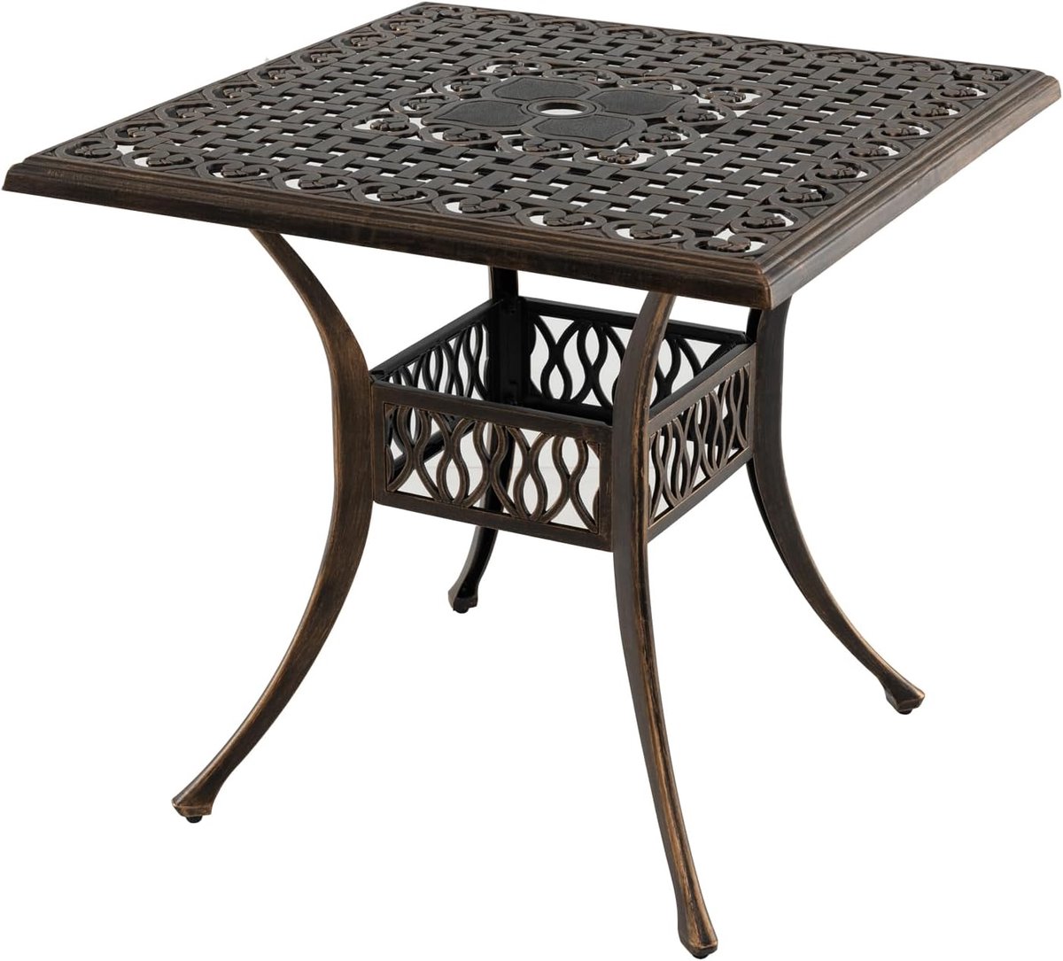 KOMFOTTEU Vierkante tuintafel met 4,8 cm schermgat, balkontafel met verstelbare poten, bistrotafel van gegoten aluminium, eettafel voor balkon, terras, tuin, 80 x 80 x 75 cm