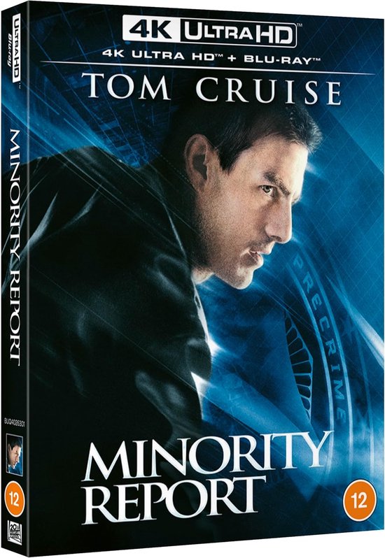 4K Ultra HD+ Blu-ray hoes met Tom Cruise die naar rechts kijkt. Minority Report staat in witte letters onderaan.