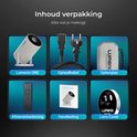 Inhoud verpakking Lumenix ONE: beamer, oplaadkabel, opbergtas, afstandsbediening, handleiding, lens cover.