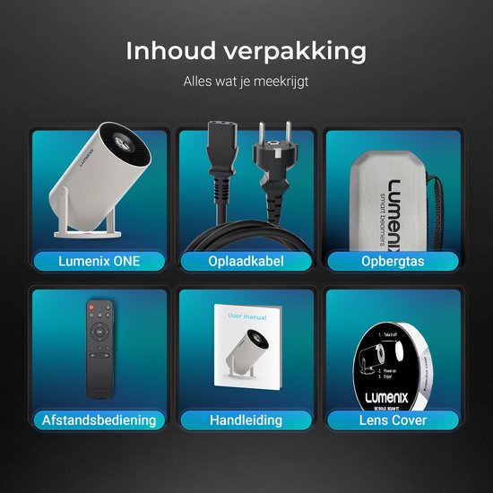 Inhoud verpakking Lumenix ONE: beamer, oplaadkabel, opbergtas, afstandsbediening, handleiding, lens cover.