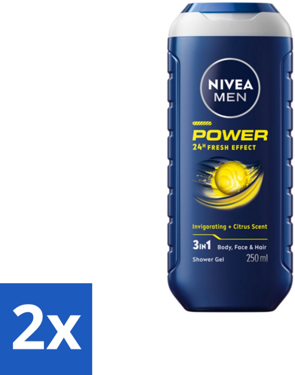 2 x NIVEA Men Douchegel Power Refresh 250 ml - Douchegel - 3-in-1 - Man - Energie - Verfrissend